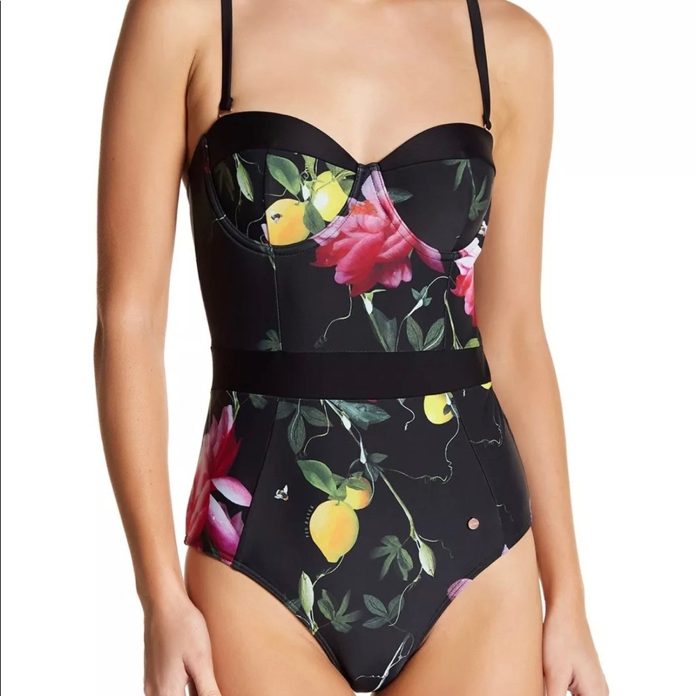 Ted Baker Camilaa Citrus Bloom Cup One Piece Swimsuit Black Floral 32 C D 00
